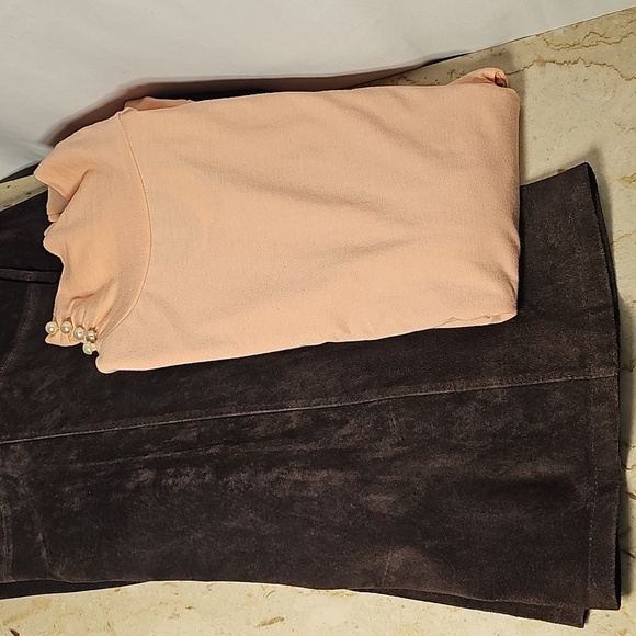 NWT April Cornell LOT: Brown Leather Suede Pants (XL/14) & Pink Top (L) - Picture 5 of 6